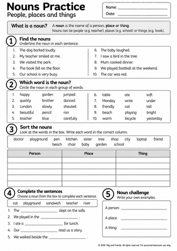 KS2 Nouns Worksheet | Year 3 & 4 English Grammar | Ages 7–9 | Printable Activity