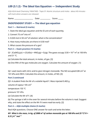 AQA A-Level Chemistry: Ideal Gas Equation pV=nRT Lesson, Worksheet & Answers (3.1.2)