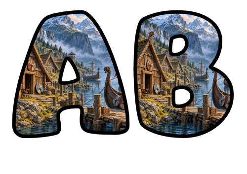 Bubble Letters Viking Village | Printable Alphabet Display Pack | A-Z and 0-9