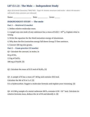 The Mole - AQA A-Level Chemistry Lesson, Worksheet & Homework (3.1.2)