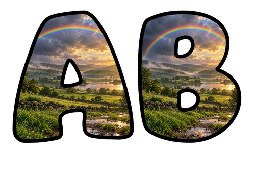 Rainbow Over the Hills Themed Bubble Letters | Classroom Display Alphabet | A-Z and 0-9