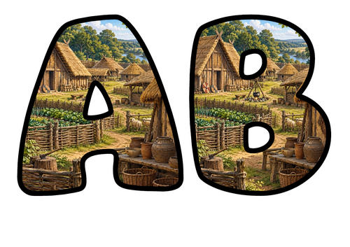 Bubble Letters Anglo-Saxon Village | Printable Alphabet Display Pack | A-Z and 0-9