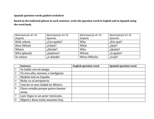 Spanish question words guided worksheet