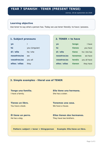 Spanish TENER Present Tense | Year 7 KS3 Grammar Notes + 20 Practice Questions