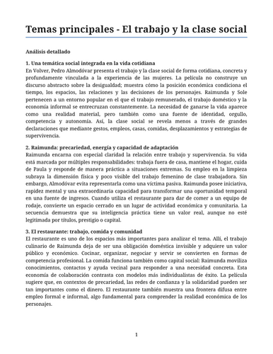Volver – Pedro Almodóvar – Main Themes: Work and Social Class