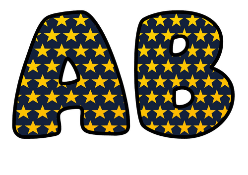 Gold Stars on Navy Bubble Letters | Display Lettering | Printable A-Z and 0-9