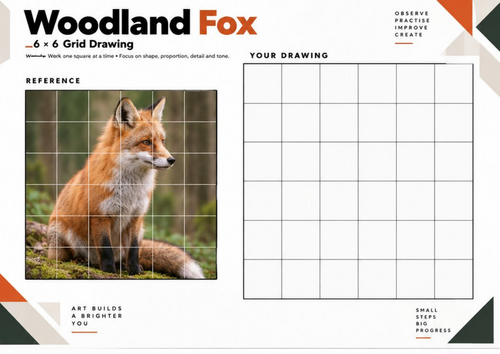 Woodland Fox Grid Drawing Worksheet | 6x6 Animal Drawing Activity | KS3 KS4 Art