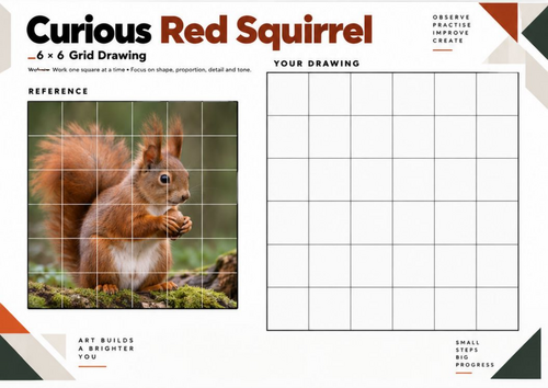 Red Squirrel Grid Drawing Worksheet | 6x6 Wildlife Drawing | KS3 KS4 Art