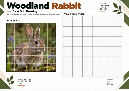 Woodland Rabbit Grid Drawing Worksheet | 6x6 Animal Drawing | KS3 KS4 Art