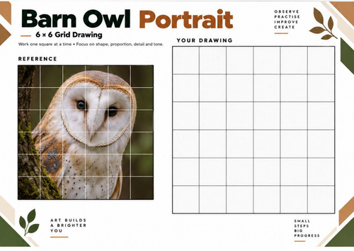 Barn Owl Grid Drawing Worksheet | 6x6 Bird Portrait Drawing | KS3 KS4 Art