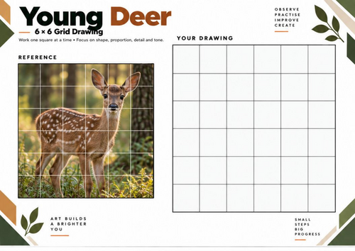 Young Deer Grid Drawing Worksheet | 6x6 Wildlife Art Activity | KS3 KS4