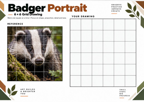 Badger Portrait Grid Drawing Worksheet | 6x6 Animal Drawing | KS3 KS4 Art