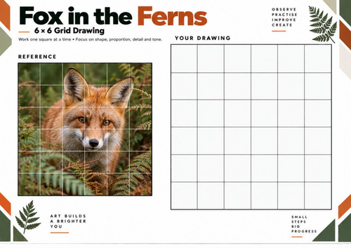 Fox in the Ferns Grid Drawing Worksheet | Woodland Wildlife Art | KS3 KS4