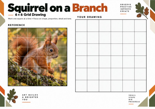 Squirrel on a Branch Grid Drawing Worksheet | 6x6 Animal Art | KS3 KS4