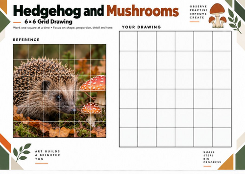 Hedgehog and Mushrooms Grid Drawing Worksheet | Woodland Art | KS3 KS4