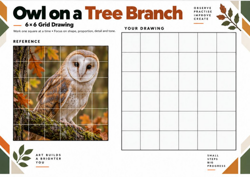 Owl on a Tree Branch Grid Drawing Worksheet | 6x6 Bird Drawing | KS3 KS4