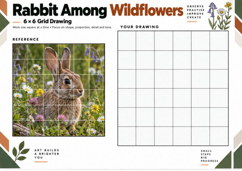 Rabbit Among Wildflowers Grid Drawing Worksheet | Nature Art | KS3 KS4