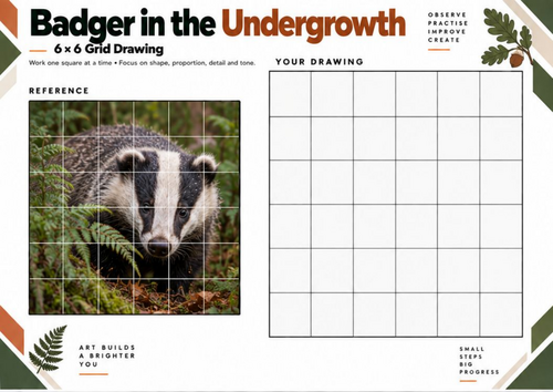 Badger in the Undergrowth Grid Drawing Worksheet | Wildlife Art | KS3 KS4