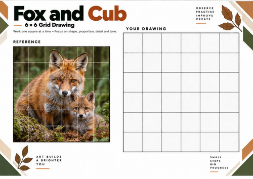Fox and Cub Grid Drawing Worksheet | Woodland Animals Art Activity | KS3 KS4