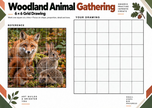 Woodland Animal Gathering Grid Drawing Worksheet | Wildlife Drawing | KS3 KS4