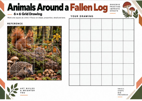 Woodland Animals Fallen Log Grid Drawing Worksheet | Nature Art | KS3 KS4