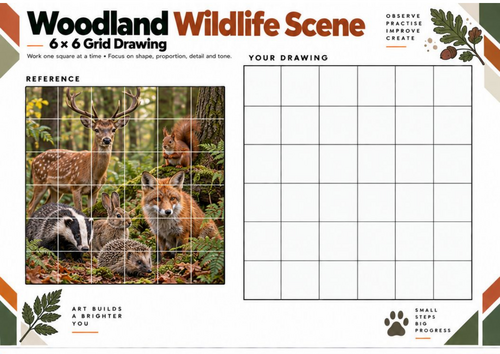 Woodland Wildlife Scene Grid Drawing Worksheet | 6x6 Animal Art | KS3 KS4