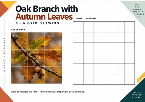 Oak Branch with Autumn Leaves Grid Drawing Worksheet | KS3 & KS4 Art