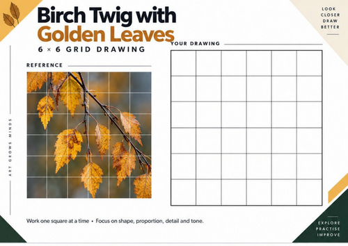 Birch Twig with Golden Leaves Grid Drawing Worksheet | Autumn Art Activity