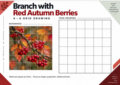 Branch with Red Autumn Berries Grid Drawing Worksheet | KS3 & KS4 Art