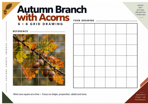 Autumn Branch with Acorns Grid Drawing Worksheet | Nature Art | KS3 & KS4