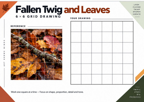 Fallen Twig and Leaves Grid Drawing Worksheet | Autumn Art | KS3 & KS4