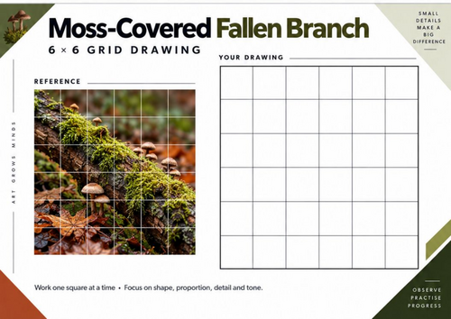 Moss-Covered Fallen Branch Grid Drawing Worksheet | Woodland Art | KS3 & KS4
