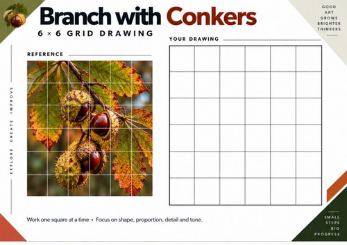 Branch with Conkers Grid Drawing Worksheet | Autumn Nature Art | KS3 & KS4