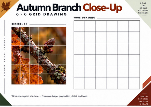 Autumn Branch Close-Up Grid Drawing Worksheet | Observational Art | KS3 & KS4