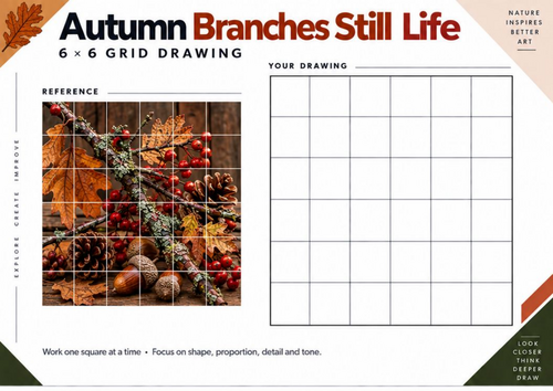 Autumn Branches Still Life Grid Drawing Worksheet | Autumn Art | KS3 & KS4