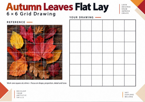 Autumn Leaves Flat Lay Grid Drawing Worksheet | KS3 & KS4 Art