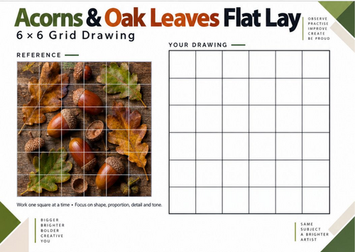 Acorns & Oak Leaves Autumn Grid Drawing Worksheet | KS3 & KS4 Art
