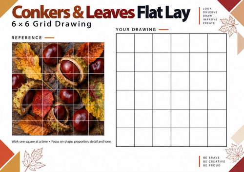 Conkers & Autumn Leaves Grid Drawing Worksheet | KS3 & KS4 Art