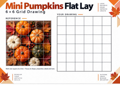 Mini Pumpkins Autumn Grid Drawing Worksheet | KS3 & KS4 Art