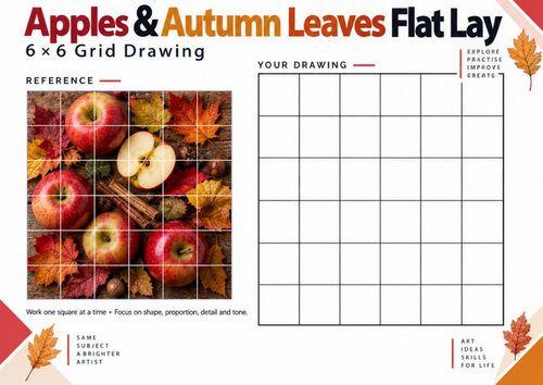 Apples & Autumn Leaves Grid Drawing Worksheet | Seasonal Art
