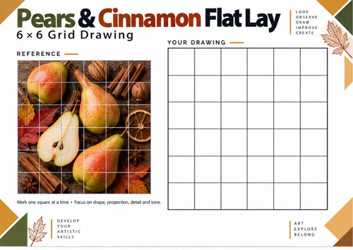 Pears & Cinnamon Autumn Grid Drawing Worksheet | KS3 & KS4 Art