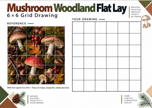 Mushroom Woodland Grid Drawing Worksheet | Autumn Art Activity