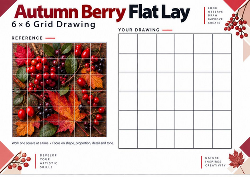 Autumn Berries Grid Drawing Worksheet | KS3 & KS4 Seasonal Art