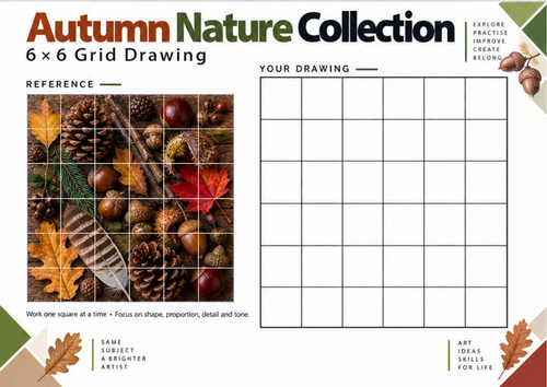 Autumn Nature Collection Grid Drawing Worksheet | KS3 & KS4 Art