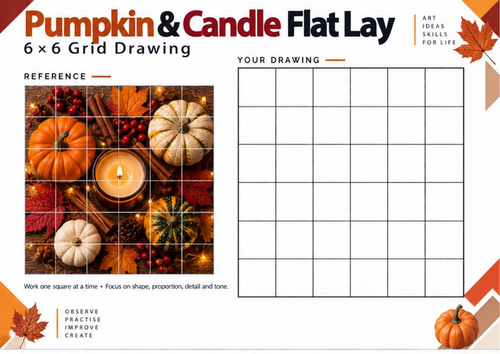 Pumpkin & Candle Autumn Grid Drawing Worksheet | Seasonal Art