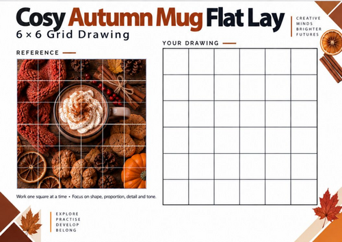 Cosy Autumn Mug Grid Drawing Worksheet | Autumn Art Activity