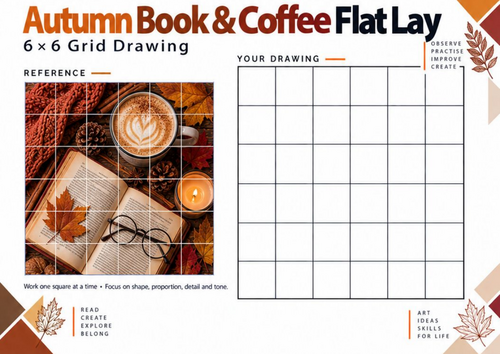 Autumn Book & Coffee Grid Drawing Worksheet | Cosy Seasonal Art