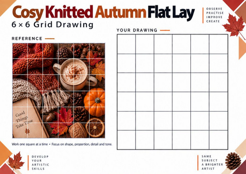 Cosy Knitted Autumn Grid Drawing Worksheet | KS3 & KS4 Art