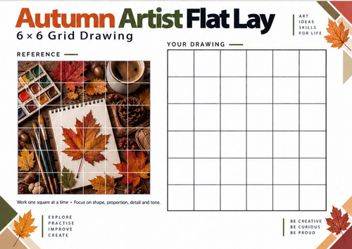 Autumn Artist Flat Lay Grid Drawing Worksheet | KS3 & KS4 Art