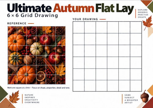 Ultimate Autumn Flat Lay Grid Drawing Worksheet | Challenging KS3 & KS4 Art